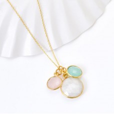 Rainbow moonstone, rose quartz and aqua chalcedony pendant chain necklace